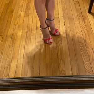 Ferragamo red leather /blue suede delicate sandal with sculpted golden heel